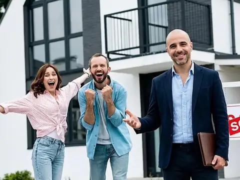 Two sellers celebrating with arms raised beside a man in front of a modern home with a SOLD sign